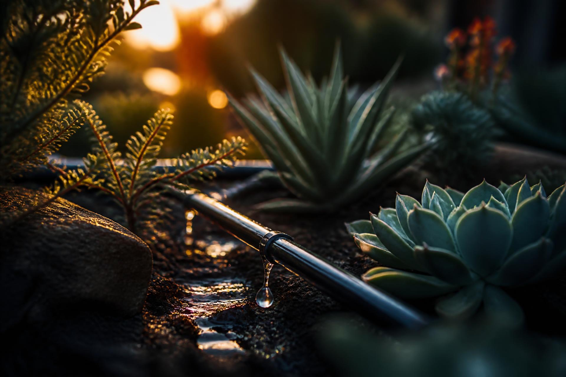 Drip irrigation line watering a drought-resistant garden at golden hour